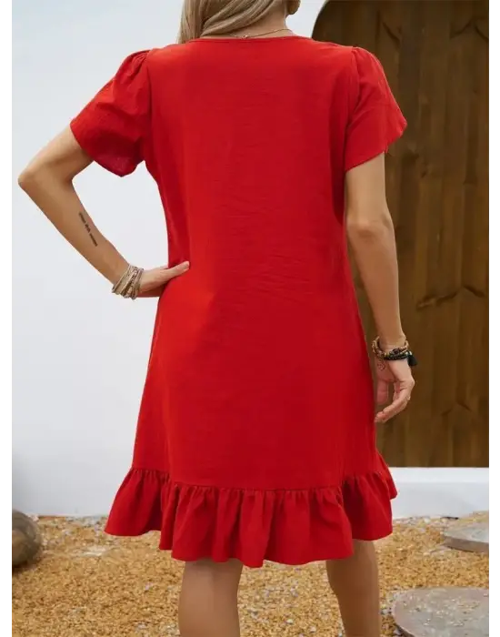 Kadın Kısa Kollu Bisiklet Yaka Fırfırlı Aerobin Elbise