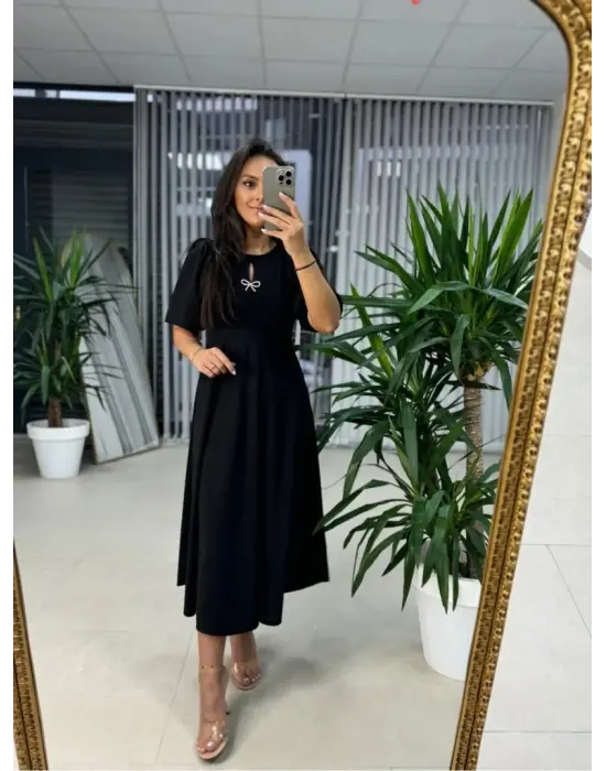 Kadın Kısa Kollu Bisiklet Yaka Fiyonk Broşlu Midi Janjan Krep Elbise