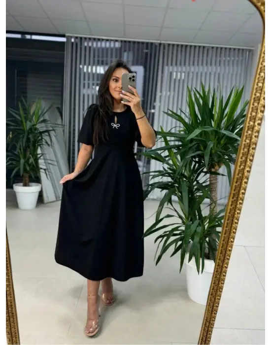 Kadın Kısa Kollu Bisiklet Yaka Fiyonk Broşlu Midi Janjan Krep Elbise