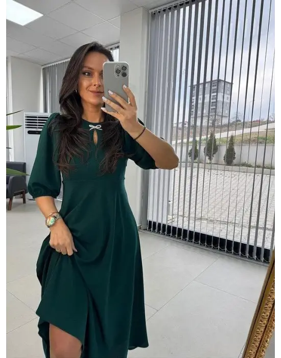 Kadın Kısa Kollu Bisiklet Yaka Fiyonk Broşlu Midi Janjan Krep Elbise