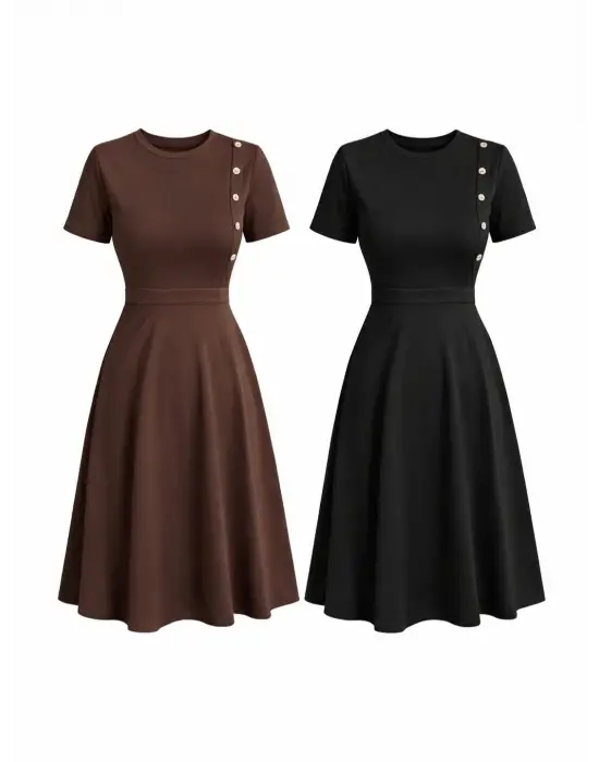 Kadın Kısa Kollu Bisiklet Yaka Gold Düğme Detay Midi Boy Elbise