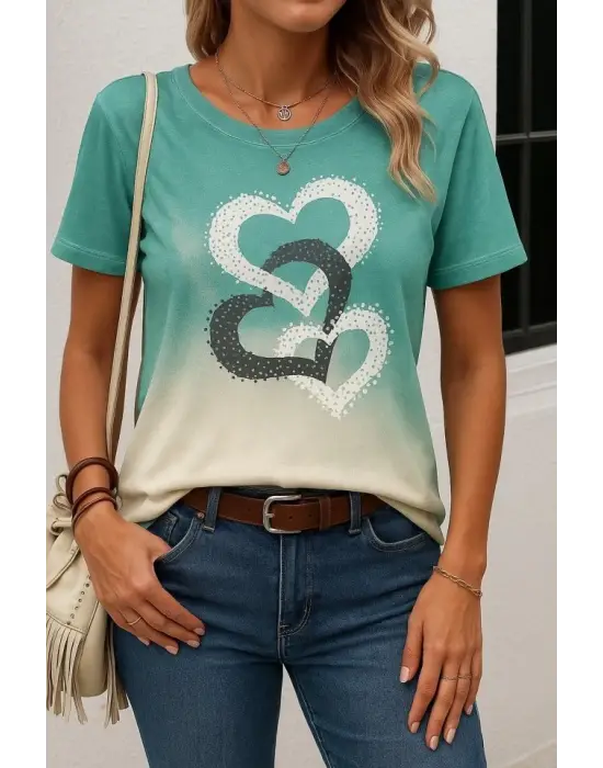 Omarı Kalp Baskılı Kadın Bisiklet Yaka Bluz