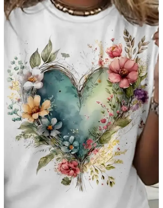 Kadın Kısa Kollu Bisiklet Yaka Kalp Desenli Süprem Bluz