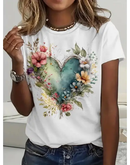 Omarı Kalp Desenli Kısa Kollu Kadın Bluz