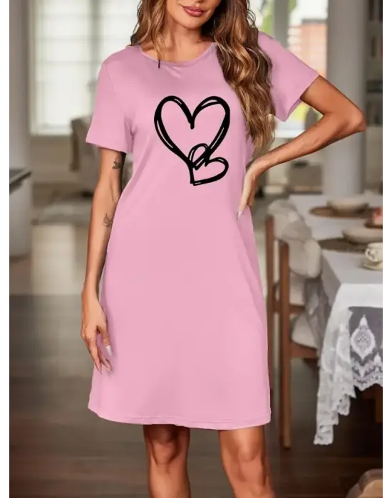 Omarı Esrarengiz Kalp Desenli Viskon Elbise