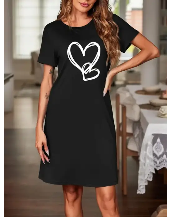 Kadın Kısa Kollu Bisiklet Yaka Kalp Desenli Viskon Elbise
