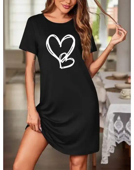 Kadın Kısa Kollu Bisiklet Yaka Kalp Desenli Viskon Elbise