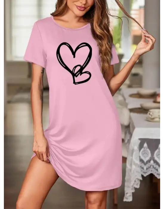 Omarı Esrarengiz Kalp Desenli Viskon Elbise