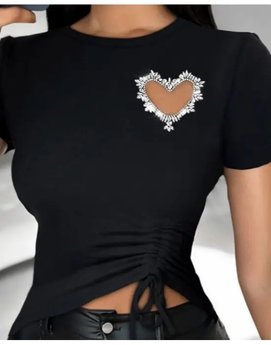 Omarı Viskon Bluz Kalp Taş Detaylı Kadın Bluz
