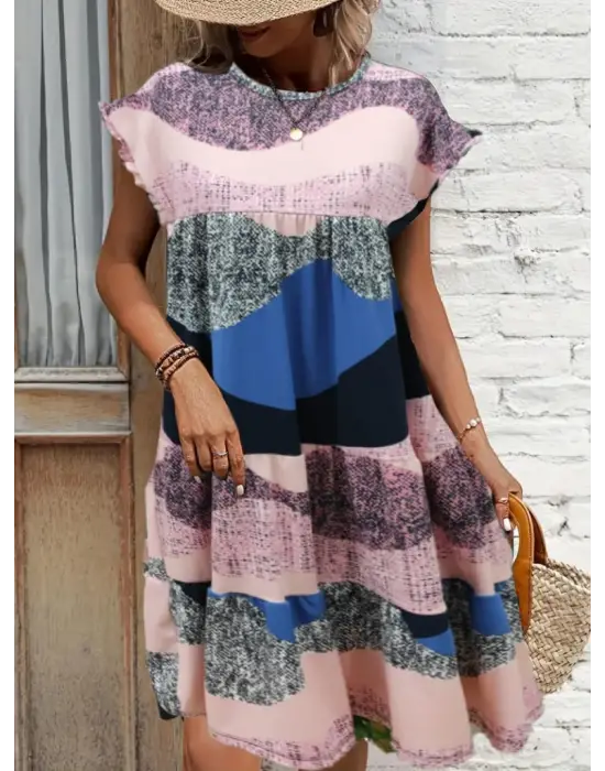 Kadın Kısa Kollu Bisiklet Yaka Kare Desenli Dalgıç Elbise