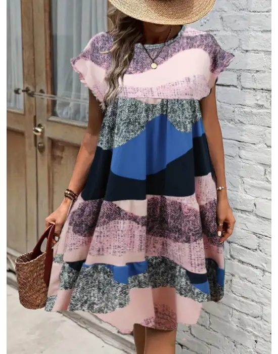 Omarı Desenli Kadın Kısa Kollu Dalgıç Elbise