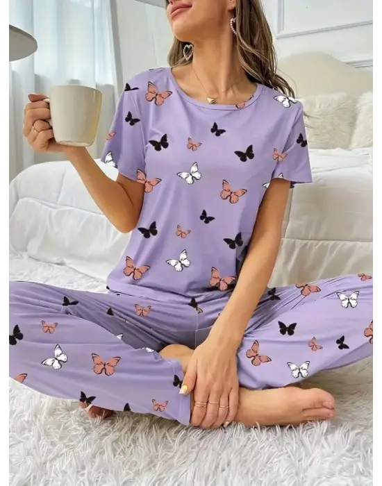 Kadın Kısa Kollu Bisiklet Yaka Kelebek Baskılı Süprem Ikili Takım