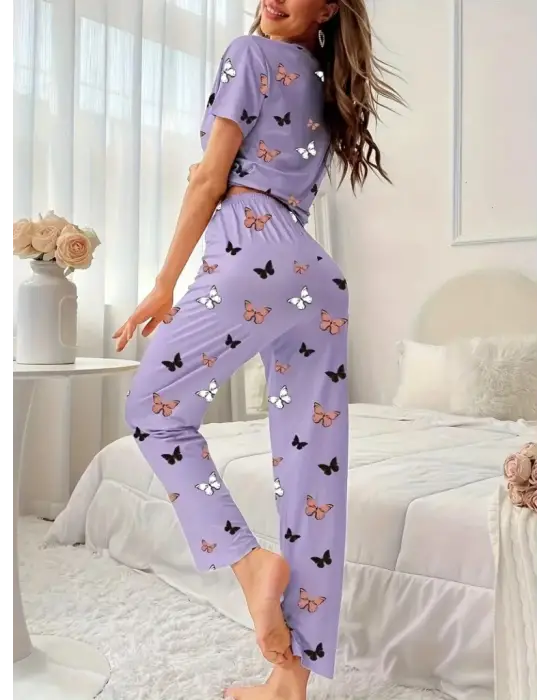 Kadın Kısa Kollu Bisiklet Yaka Kelebek Baskılı Süprem Ikili Takım