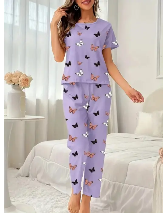 Kadın Kısa Kollu Bisiklet Yaka Kelebek Baskılı Süprem Ikili Takım