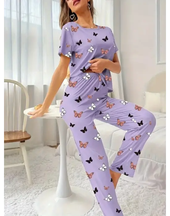 Kadın Kısa Kollu Bisiklet Yaka Kelebek Baskılı Süprem Ikili Takım