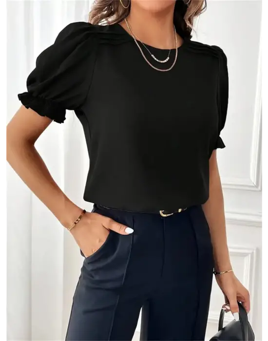 Kadın Kısa Kollu Bisiklet Yaka Kolları Gipeli Ithal Krep Bluz