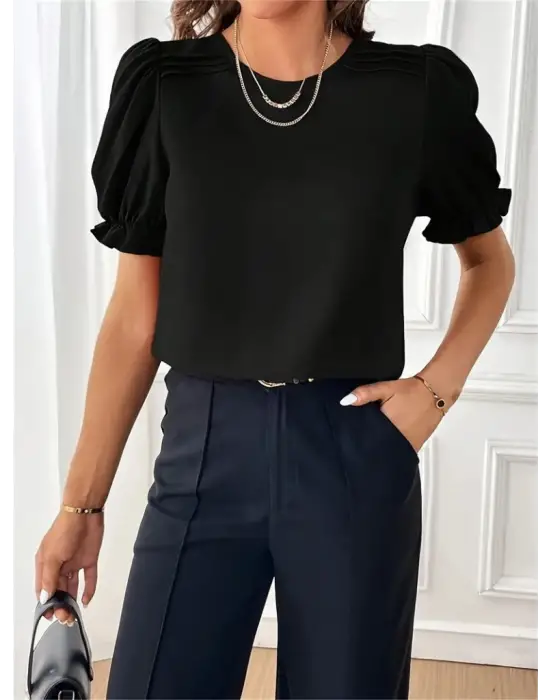 Kadın Kısa Kollu Bisiklet Yaka Kolları Gipeli Ithal Krep Bluz