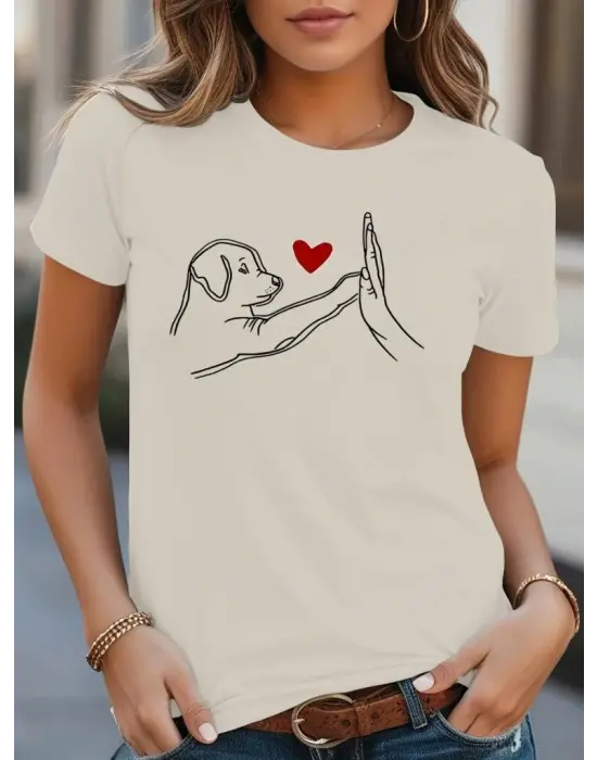 Kadın Kısa Kollu Bisiklet Yaka Köpek Baskılı Viskon Bluz