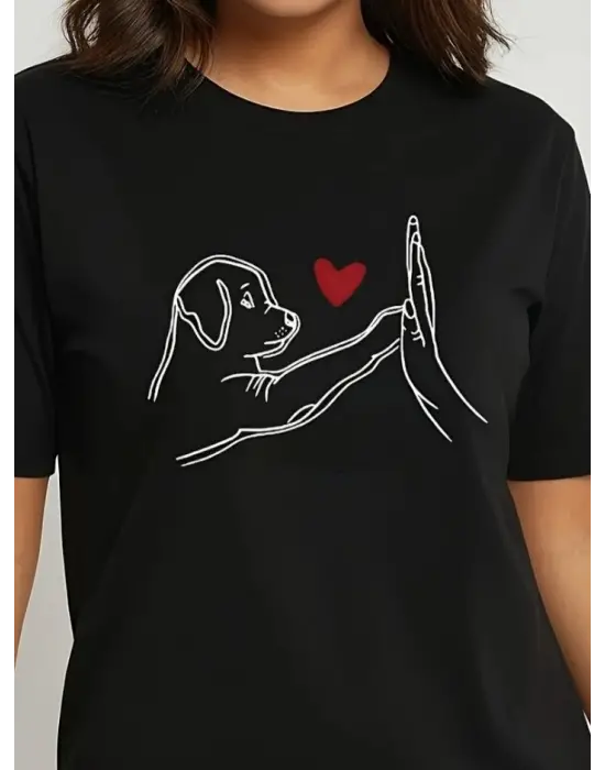 Kadın Kısa Kollu Bisiklet Yaka Köpek Baskılı Viskon Bluz