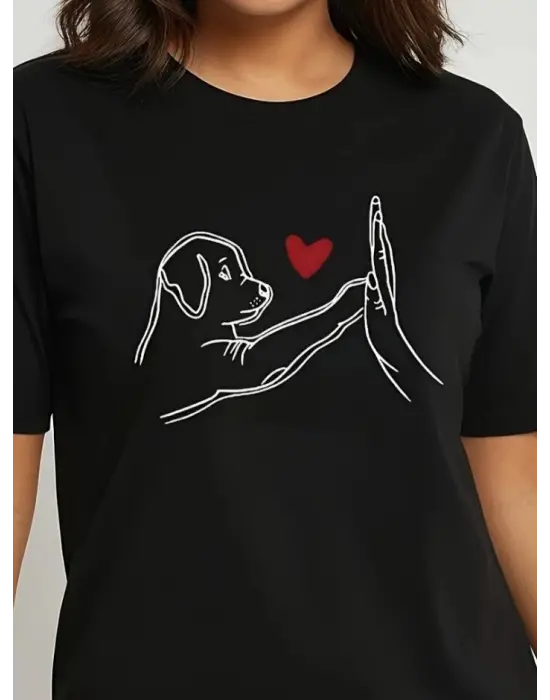 Omarı Köpek Baskılı Kısa Kollu Kadın Viskon Bluz