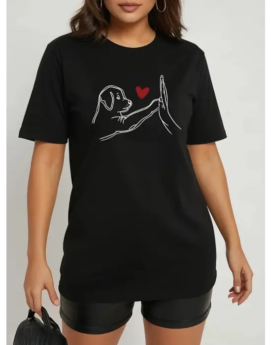 Kadın Kısa Kollu Bisiklet Yaka Köpek Baskılı Viskon Bluz