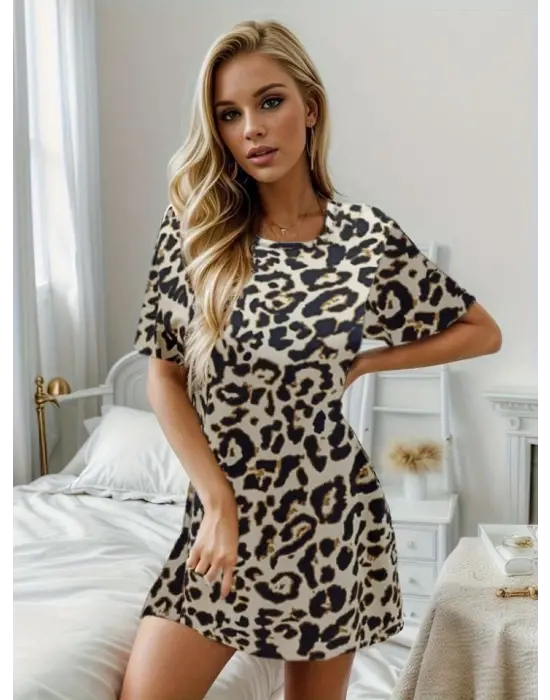 Kadın Kısa Kollu Bisiklet Yaka Leopa Desen Süprem Elbise