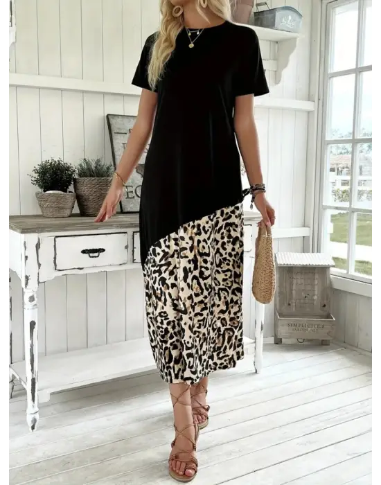 Kadın Kısa Kollu Bisiklet Yaka Leopar Detaylı Midi üst Viskon Alt Süprem Elbise