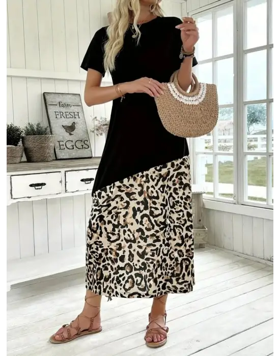 Kadın Kısa Kollu Bisiklet Yaka Leopar Detaylı Midi üst Viskon Alt Süprem Elbise