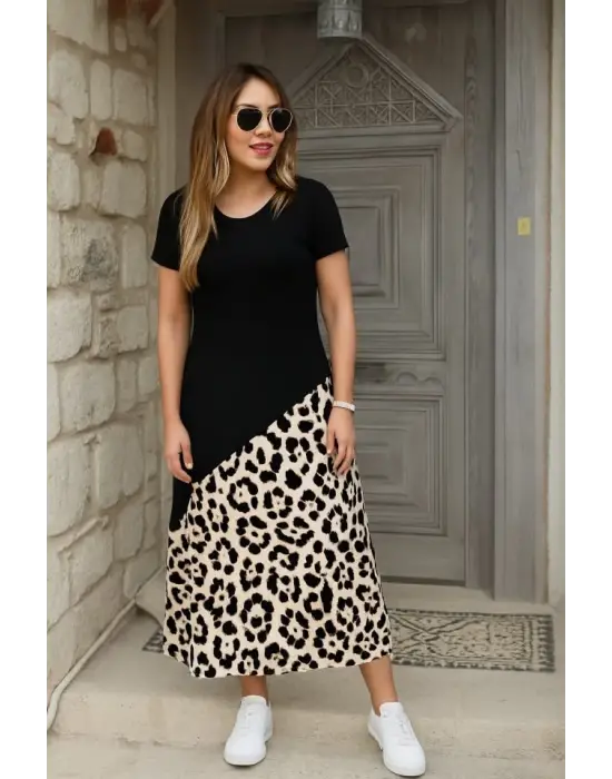 Kadın Kısa Kollu Bisiklet Yaka Leopar Detaylı Midi üst Viskon Alt Süprem Elbise