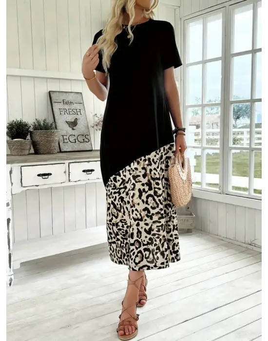 Omarı Leopar Desenli Kadın Midi Elbise