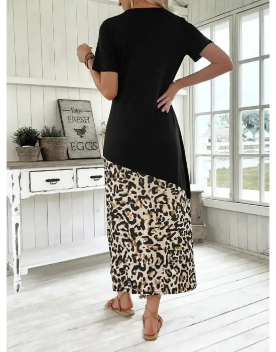Omarı Leopar Desenli Kadın Midi Elbise