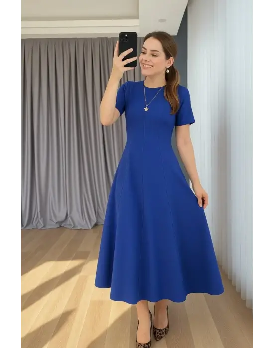 Kadın Kısa Kollu Bisiklet Yaka Maksi Boy Ithal Krep Elbise