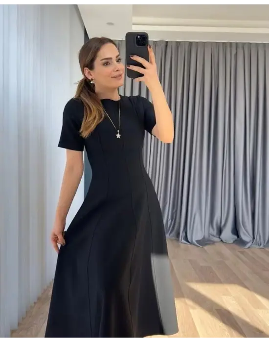 Kadın Kısa Kollu Bisiklet Yaka Maksi Boy Ithal Krep Elbise