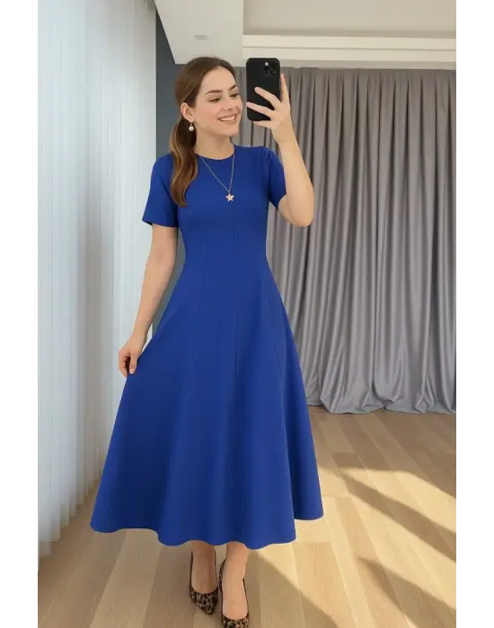 Kadın Kısa Kollu Bisiklet Yaka Maksi Boy Ithal Krep Elbise