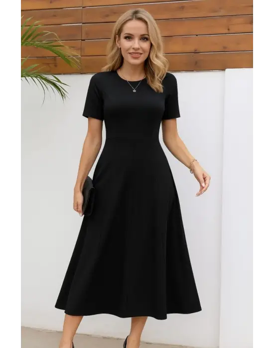 Kadın Kısa Kollu Bisiklet Yaka Maksi Boy Ithal Krep Elbise