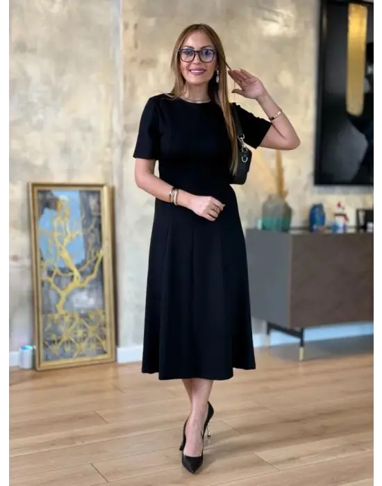 Kadın Kısa Kollu Bisiklet Yaka Midi Viskon Iki Iplik Elbise