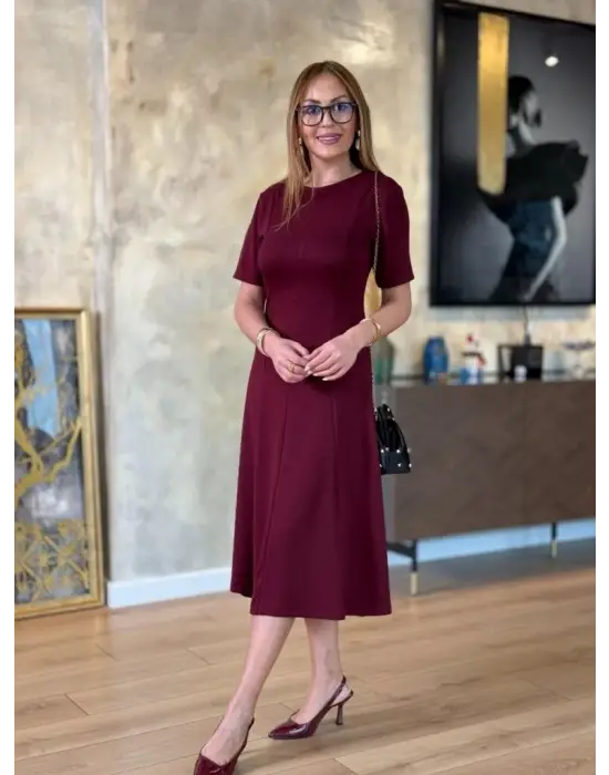 Kadın Kısa Kollu Bisiklet Yaka Midi Viskon Iki Iplik Elbise