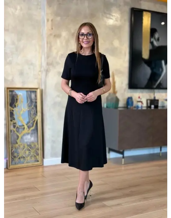 Kadın Kısa Kollu Bisiklet Yaka Midi Viskon Iki Iplik Elbise