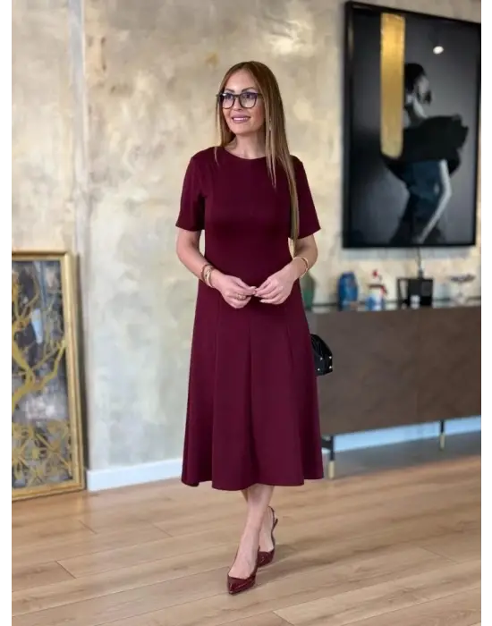 Kadın Kısa Kollu Bisiklet Yaka Midi Viskon Iki Iplik Elbise