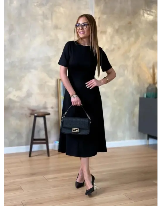 Kadın Kısa Kollu Bisiklet Yaka Midi Viskon Iki Iplik Elbise