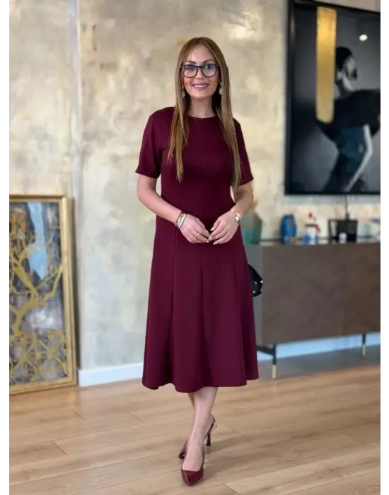 Kadın Kısa Kollu Bisiklet Yaka Midi Viskon Iki Iplik Elbise