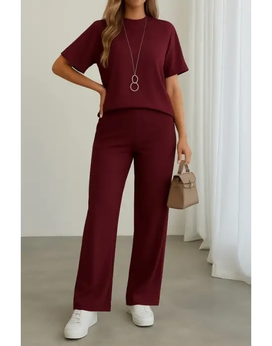 Kadın Kısa Kollu Bisiklet Yaka Omuzdan Düğmeli Viskon Iki Iplik Kısa Bluz Ve Pantolon Ikili Takım