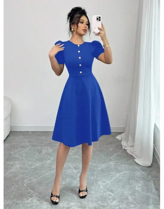 Kadın Kısa Kollu Bisiklet Yaka önden Düğmeli Ithal Krep Elbise