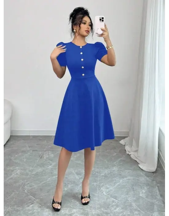 Omarı Kadın Bisiklet Yaka Düğmeli Krep Elbise