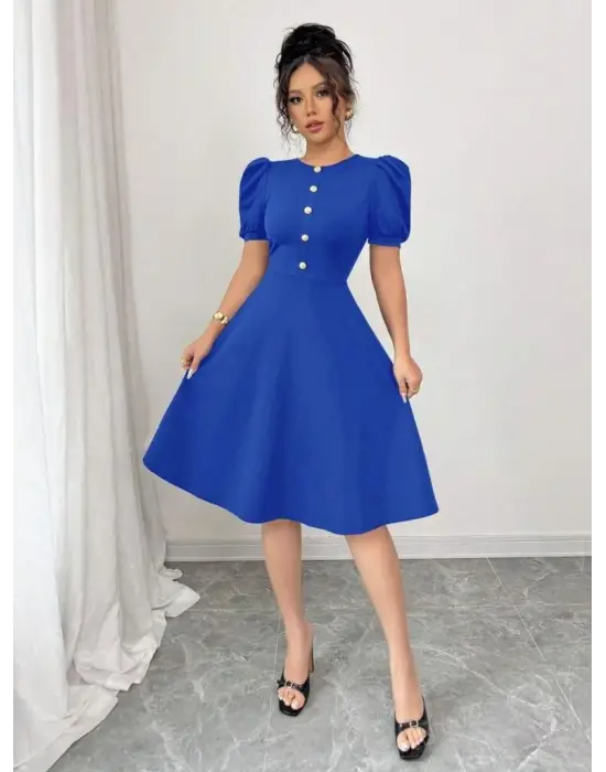 Omarı Kadın Bisiklet Yaka Düğmeli Krep Elbise