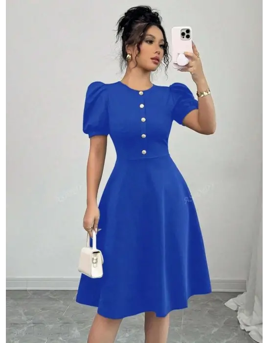 Kadın Kısa Kollu Bisiklet Yaka önden Düğmeli Ithal Krep Elbise