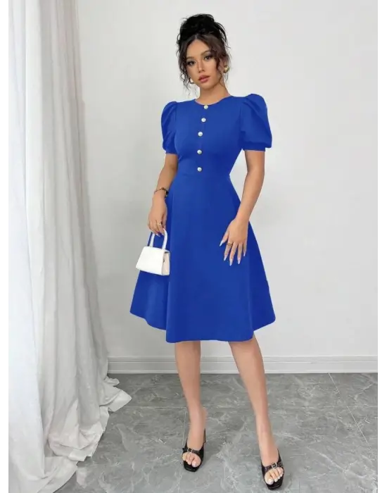 Omarı Kadın Bisiklet Yaka Düğmeli Krep Elbise