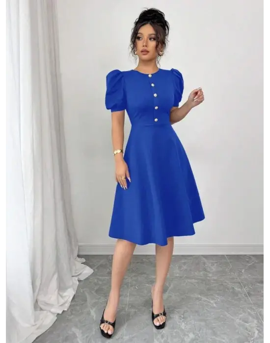 Omarı Kadın Bisiklet Yaka Düğmeli Krep Elbise