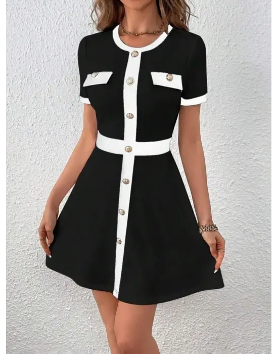 Kadın Kısa Kollu Bisiklet Yaka önden Düğmeli Modal Elbise