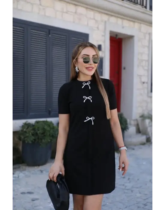 Kadın Kısa Kollu Bisiklet Yaka önden Fiyonk Detaylı Ithal Krep Elbise
